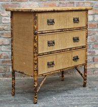Victorian Aesthetic Movement bamboo and rattan chest of three drawers, H 92cm x W 90cm x D 42cm