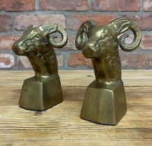 Pair of heavy brass bookends in the form of rams heads, H 18cm