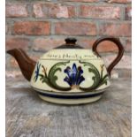 Very large Torquay Pottery motto ware tea pot 'Dawntee le fraid out now theves plenty mor', Spout to