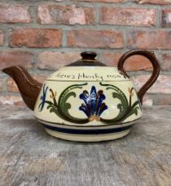 Very large Torquay Pottery motto ware tea pot 'Dawntee le fraid out now theves plenty mor', Spout to