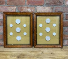 Two sets of hand carved Italian Grand Tour plaster plaques, held in birds eye maple frames, 45cm x