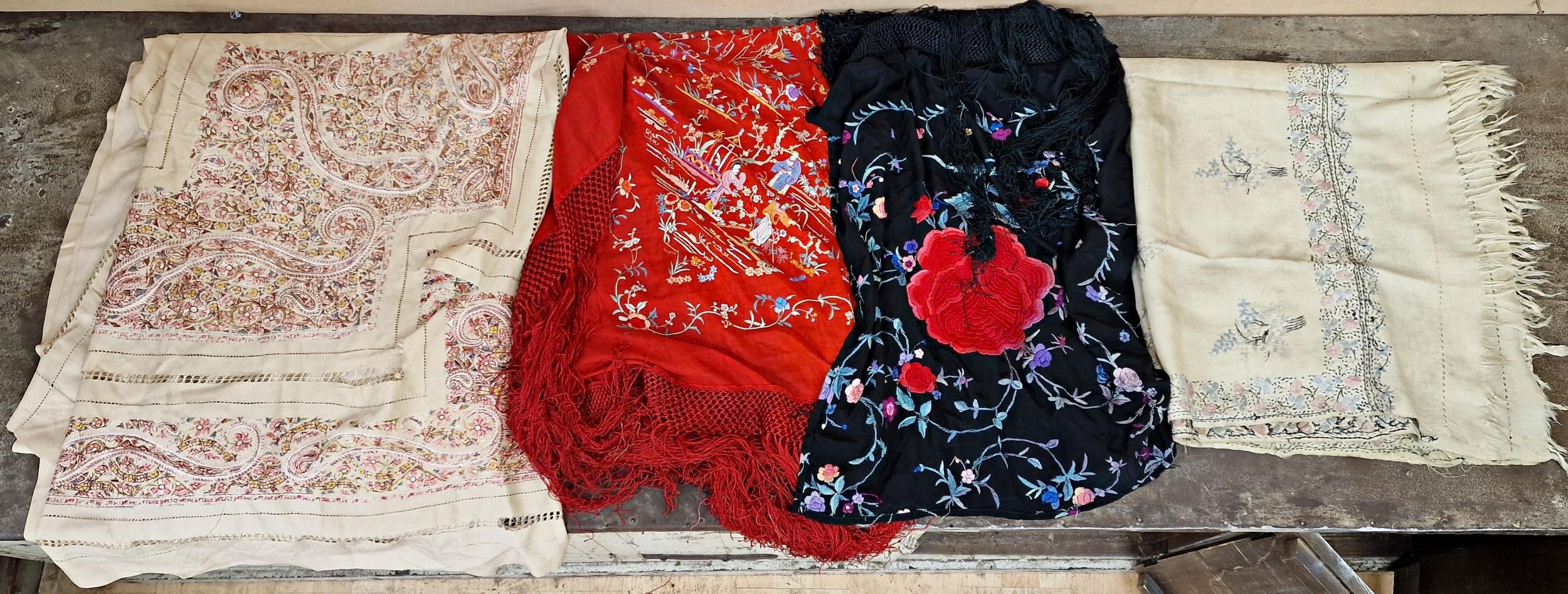 An embroidered fine wool shawl, vintage fringed shawl with embroidered Oriental design, throw with