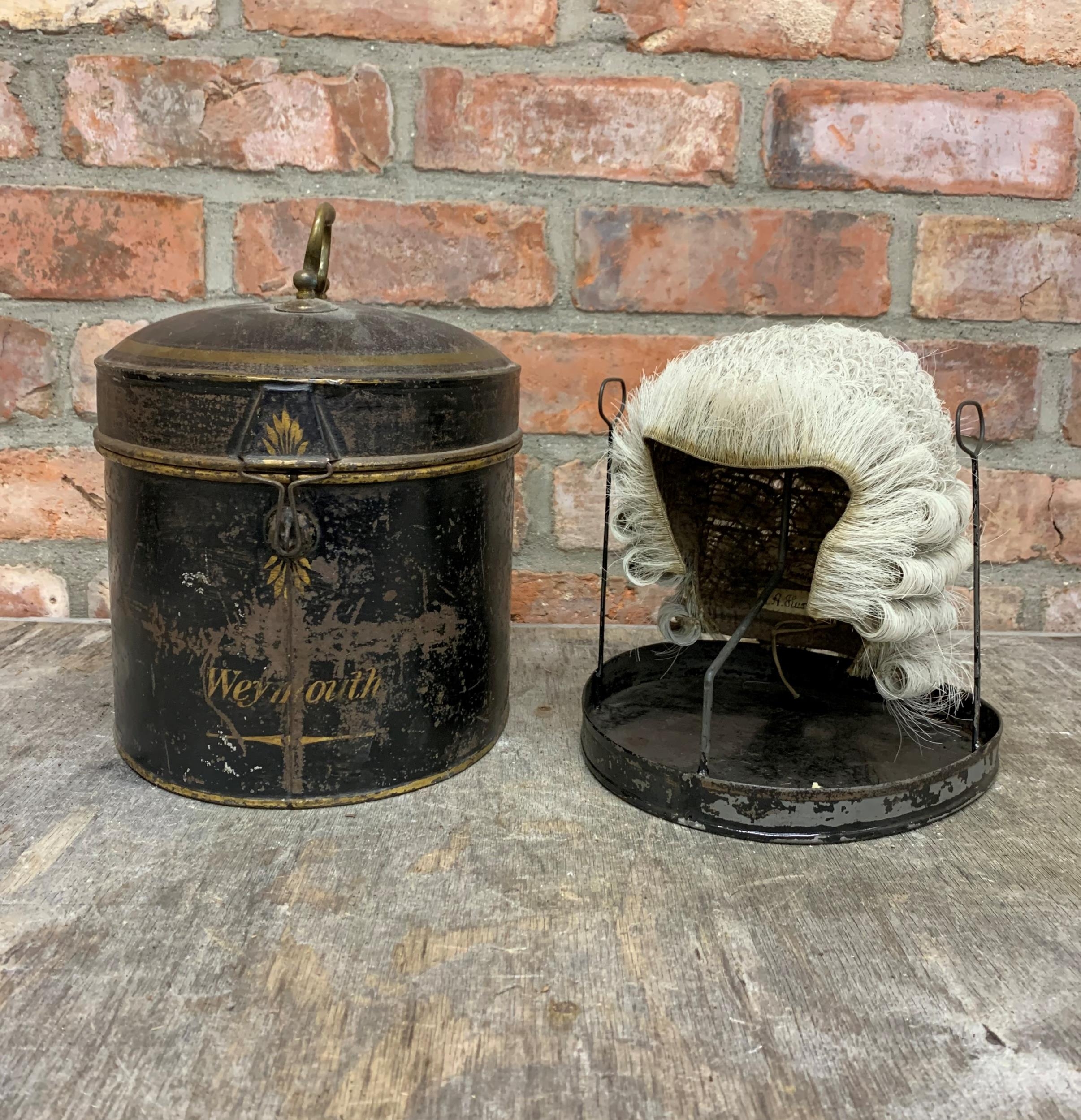 Victorian Ravenscroft horse hair barrister wig in original "Weymouth" tin, the tin includes its