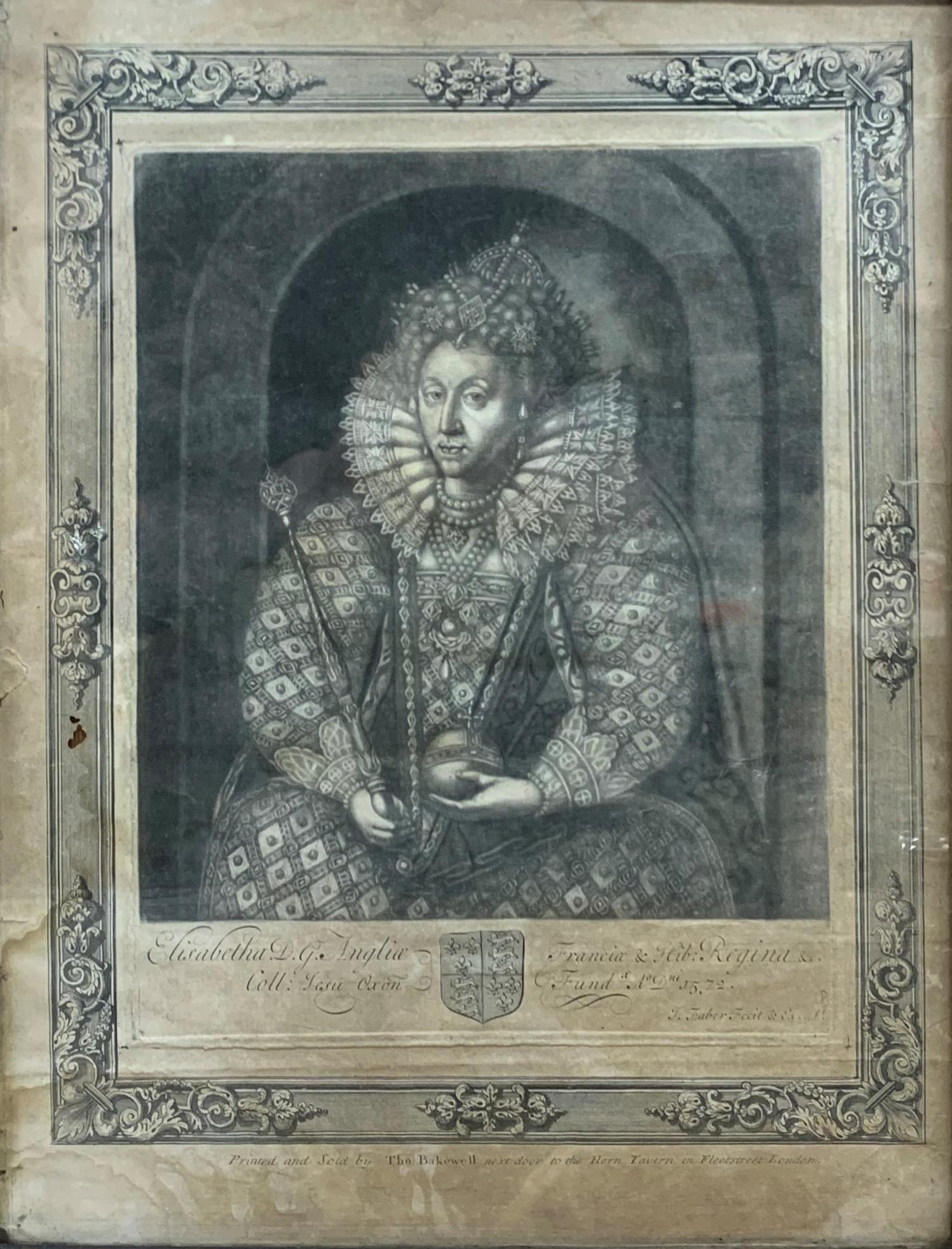 John Faber - Queen Elizabeth I, printed and sold by Thomas Bakewell, 38 x 28cm, framed