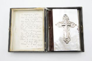 Attractive French mother of pearl of silver bound French pocket Bible, within a leather case, 13 x