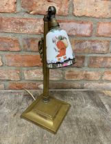 Art Deco brass table lamp with hand painted Christmas themed glass shade, H 44cm