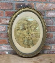 Antique floral silk in gilt wood frame, H 60cm x W 46cm