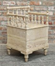 Stripped pine commode with turned baluster supports, H 73cm x W 45cm x D 45cm