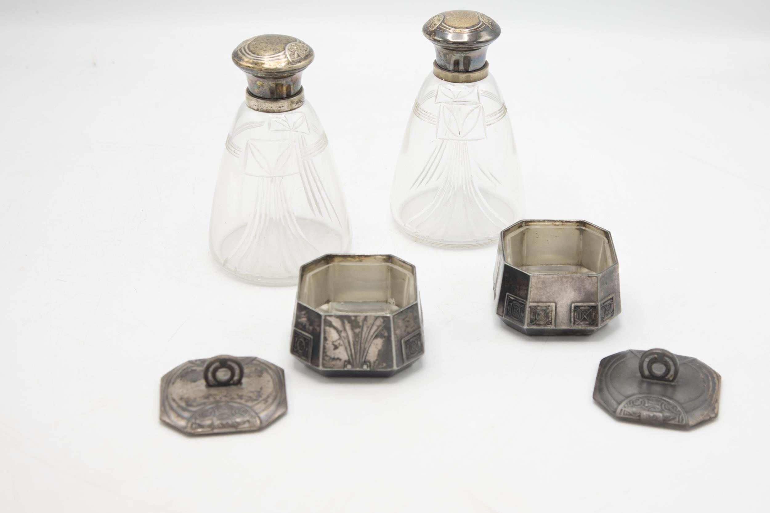 Pair of WMF electro plate lidded pots, 6cm high with a further pair of similar cut glass - Image 2 of 3