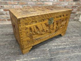 Chinese carved camphorwood chest depicting a sailing scene, H 58cm x W 101cm x D 50cm