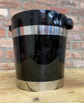 Stylish ebonised drum ice bucket with silver plated bands, 30cm high