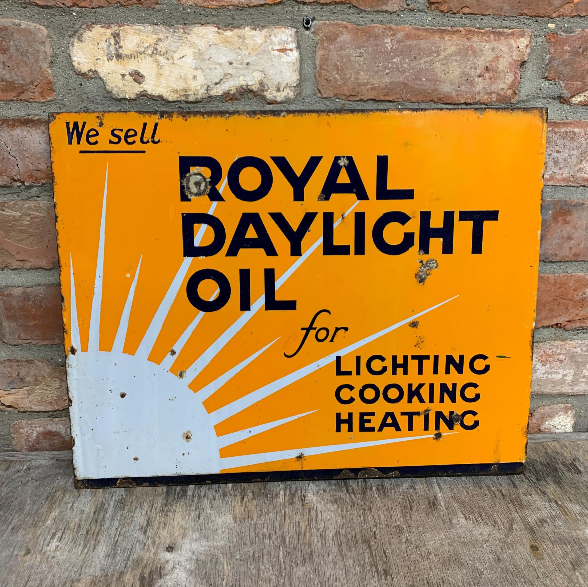 Double sided 'Royal Daylight Oil' orange and blue enamel advertising sign, 51cm x 41cm - Image 2 of 3