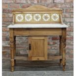 Victorian pine washstand with marble top and tiled gallery back, H 106cm x W 92cm x D 47cm