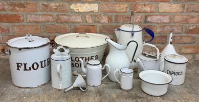 Quantity of white enamel kitchen and pantry pieces to include flour bin, clothes boiler and tea