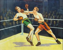 Mid 20th century school - Boxing match, printed by Willson's of Leicester, 75 x 100cm, framed