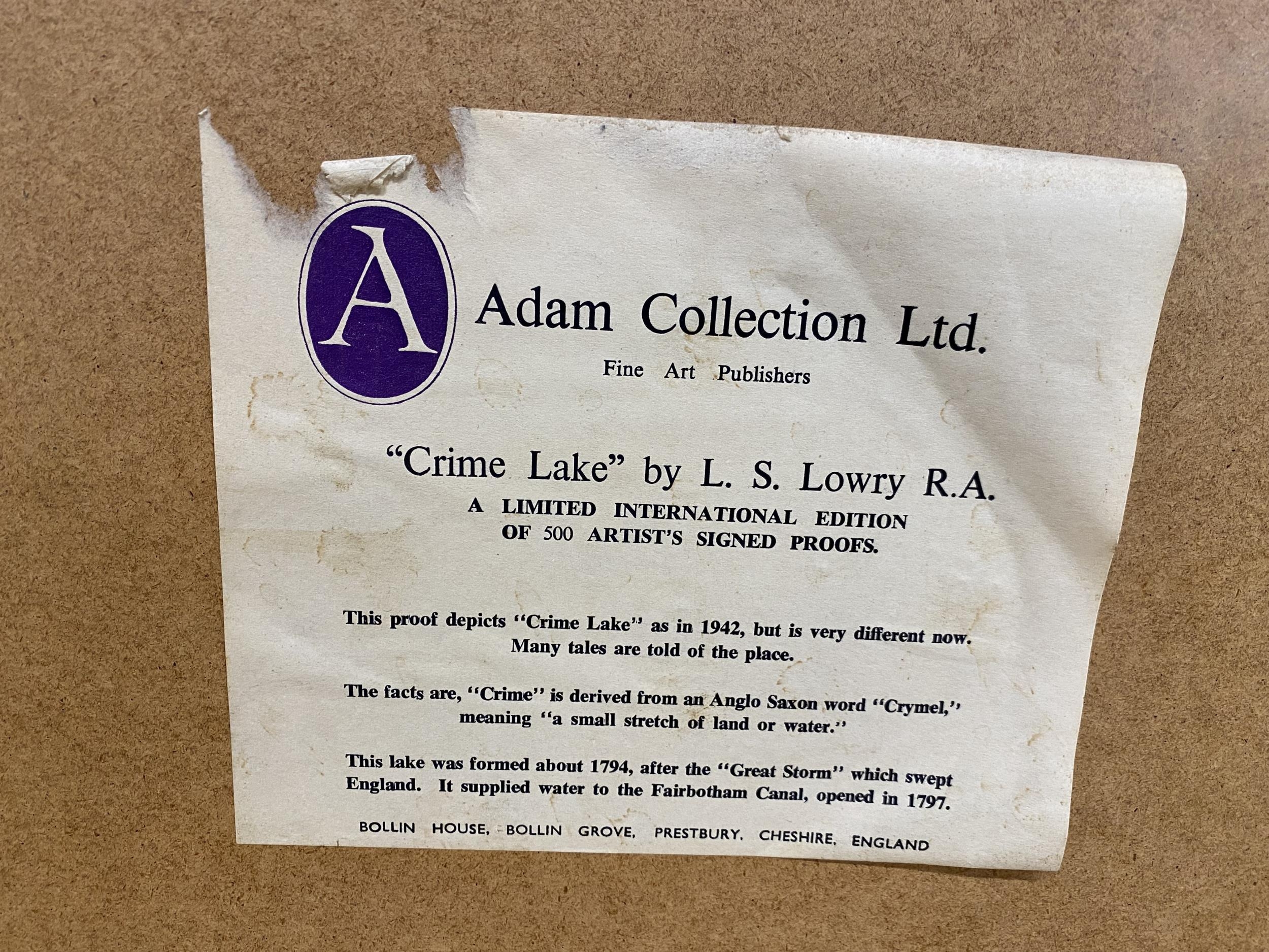 Laurence Stephen Lowry (1887-1976) - 'Crime Lake', signed, blind stamp seal, Adam Collection Ltd - Image 4 of 4