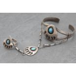 Unusual Navajo silver and turquoise bracelet, charm and ring suite, size R, 33.8g
