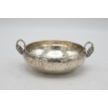 Unusual Greek 925 silver quaich or wine taster, with hammered bowl and grapevine handles, 15.5cm