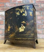 Georgian period Chinoiserie lacquered table cabinet with drawer and pigeon hole interior being