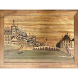 Early 20th century straw work picture of a canalside town landscape, indistinctly titled, in a