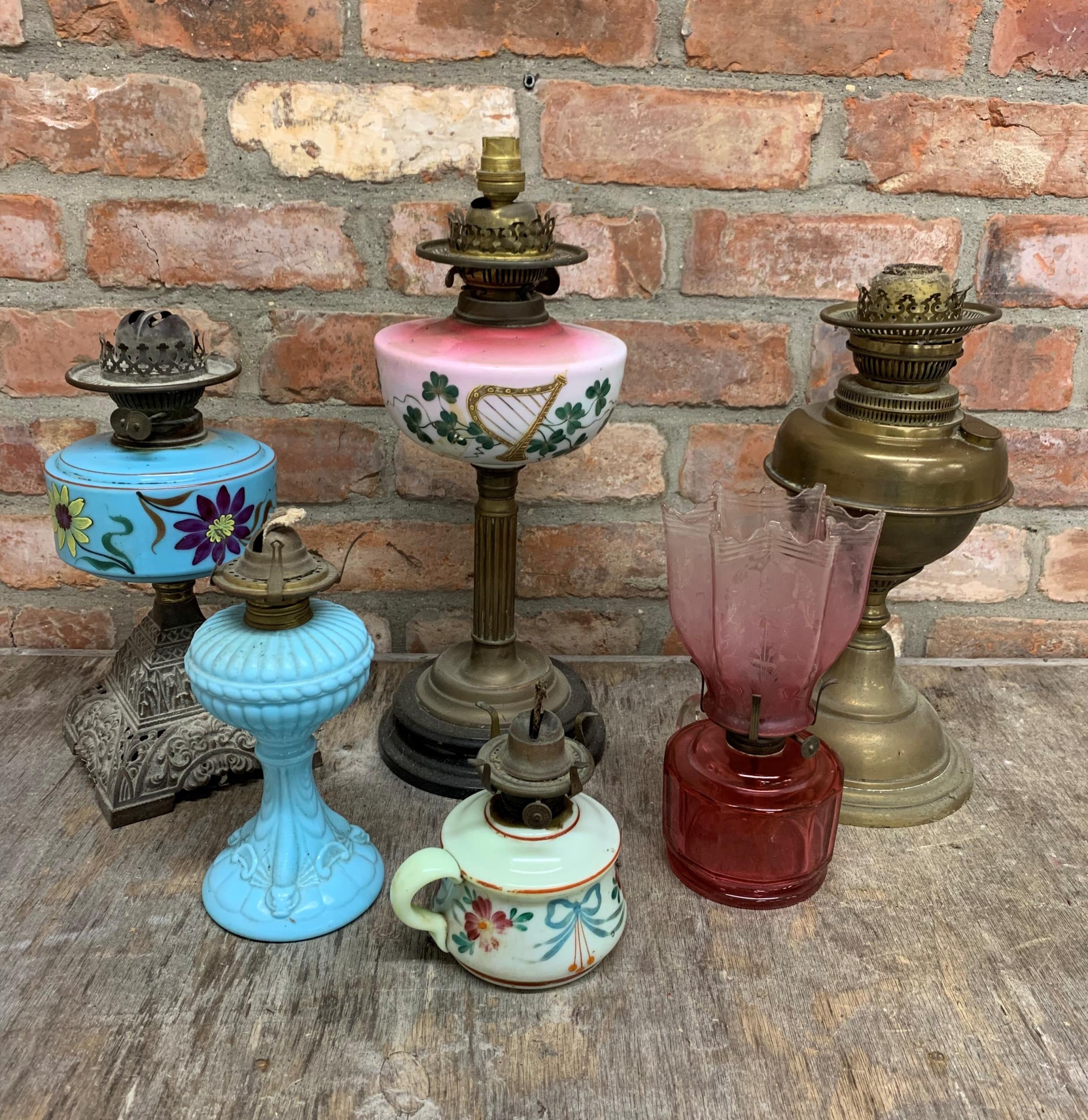 Quantity of Victorian oil lamps, Tallest H 47cm (6)