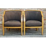 Pair of Art Deco French upholstered tub club chairs with studded edging, reclaimed from Browns