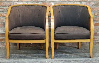 Pair of Art Deco French upholstered tub club chairs with studded edging, reclaimed from Browns