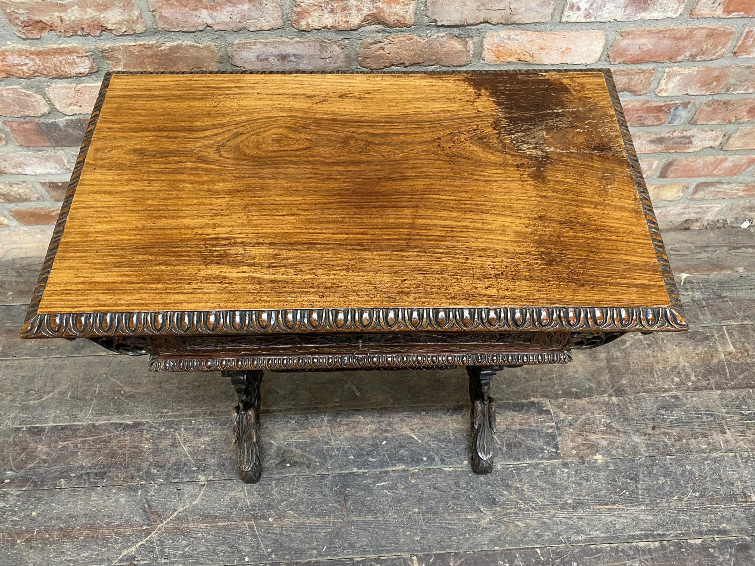 Exceptional quality Anglo Burmese / Indian padauk work table, the top with darted borders upon a - Image 7 of 9