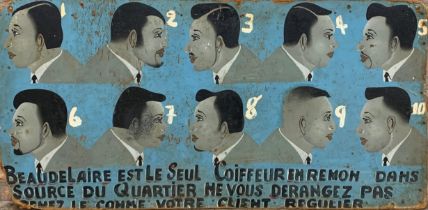 Early 20th century hand painted wooden hairdressers sign with ten bust diagrams above French text,