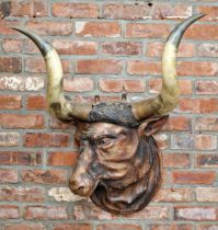 Impressive black forest Folk Art hand carved wooden bulls head with genuine horns, ex butchers