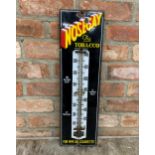 Nosegay tobacco black and yellow enamel advertising sign with thermometer, H 61cm