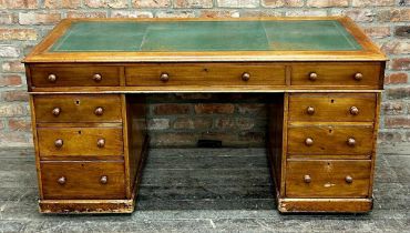A good quality Victorian mahogany twin pedestal desk with gilt tooled inset leather top, H 79cm x