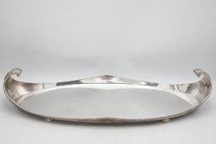 Good quality silver plates boat shaped tray with twin scrolled acanthus handles, 54cm long