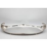 Good quality silver plates boat shaped tray with twin scrolled acanthus handles, 54cm long