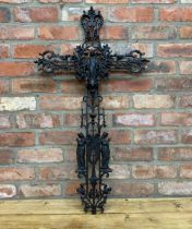 Antique French Gothic cast iron crucifix grave marker adorned with religious figures and having a