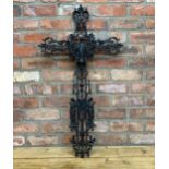 Antique French Gothic cast iron crucifix grave marker adorned with religious figures and having a