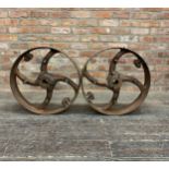 Pair of impressive industrial iron wheels, converted into a steampunk ceiling light, 61cm diameter