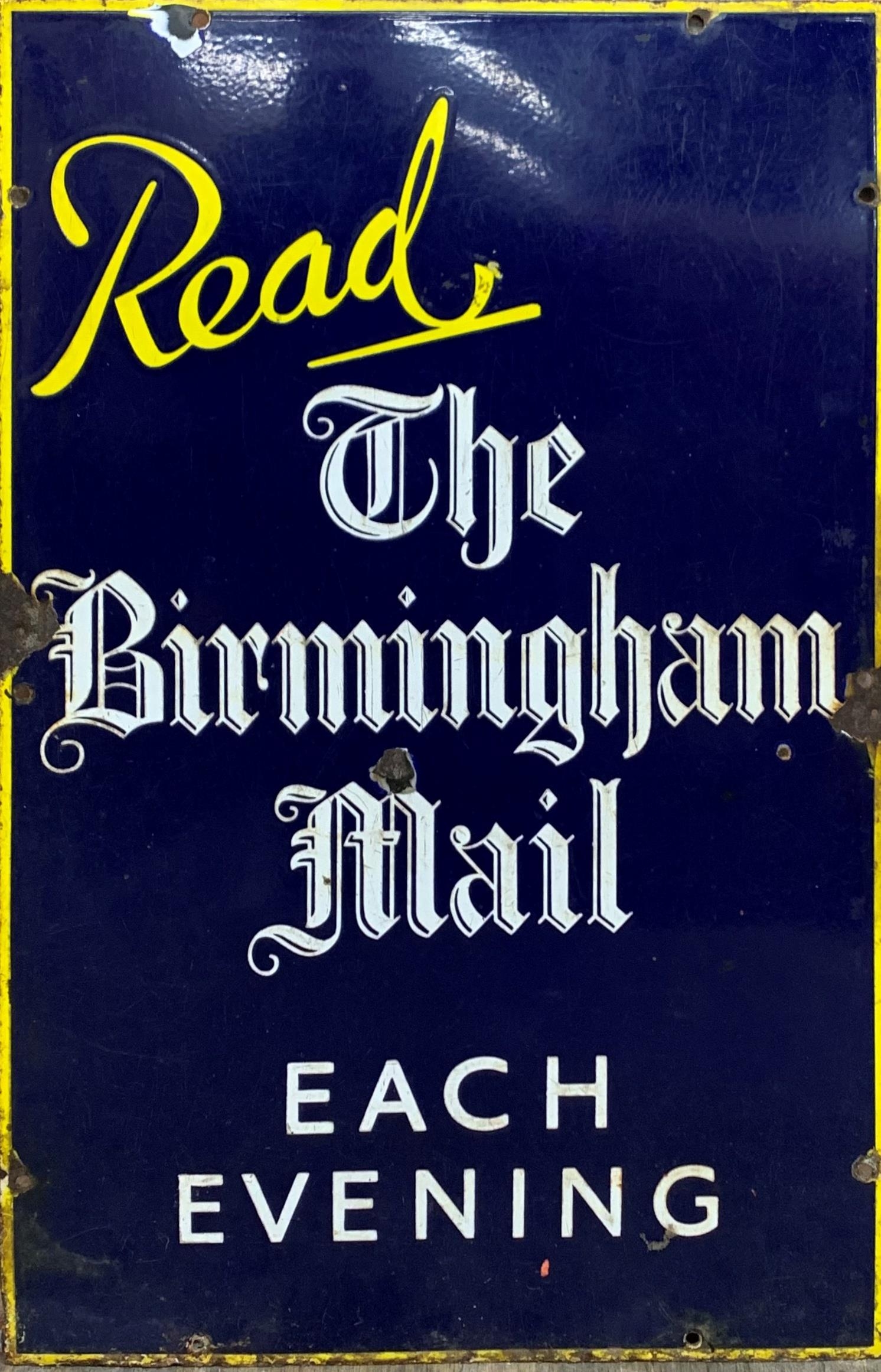 "Read The Birmingham Mail Each Evening" blue and yellow enamel sign, 72cm x 45cm