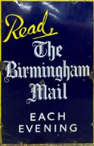 "Read The Birmingham Mail Each Evening" blue and yellow enamel sign, 72cm x 45cm