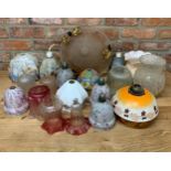 Large collection of antique glass light shades to include hand painted and cranberry glass