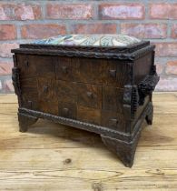 Impressive antique hand carved oak puzzle box with unusual carved foot and twin handled design and