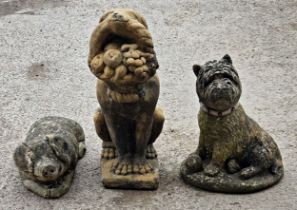 Three weathered reconstituted stone garden ornaments to include a West Highland terrier, H 41cm x