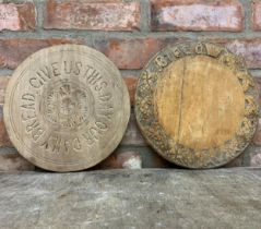 Two antique hand carved wooden bread boards to include "Give Us This Day Our Daily Bread" example, D