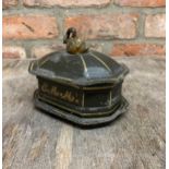 Hand painted lead tobacco box with swan finial handle, initialled to side and dated 1849 to base,