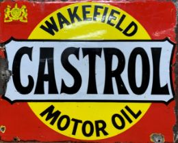 Advertising - double sided Castrol Wakefield motor oil, enamel sign with red and yellow ground and