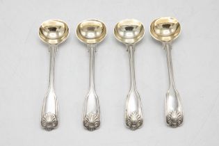 Quality set of four Victorian silver shell and thread trencher salt spoons, maker George Atkins,