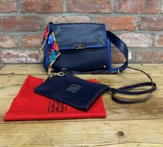 Carolina Herrera - large leather shoulder bag in navy and blue with contrasting silk scarf and