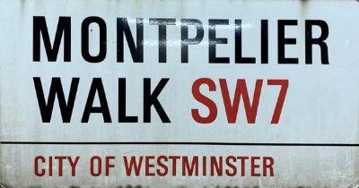 Original London City Of Westminster 'Montpellier Walk' street sign with black and red text and white