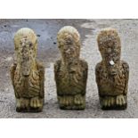 Three weathered reconstituted stone garden ornaments in the style of Wally birds, H 36cm (3)