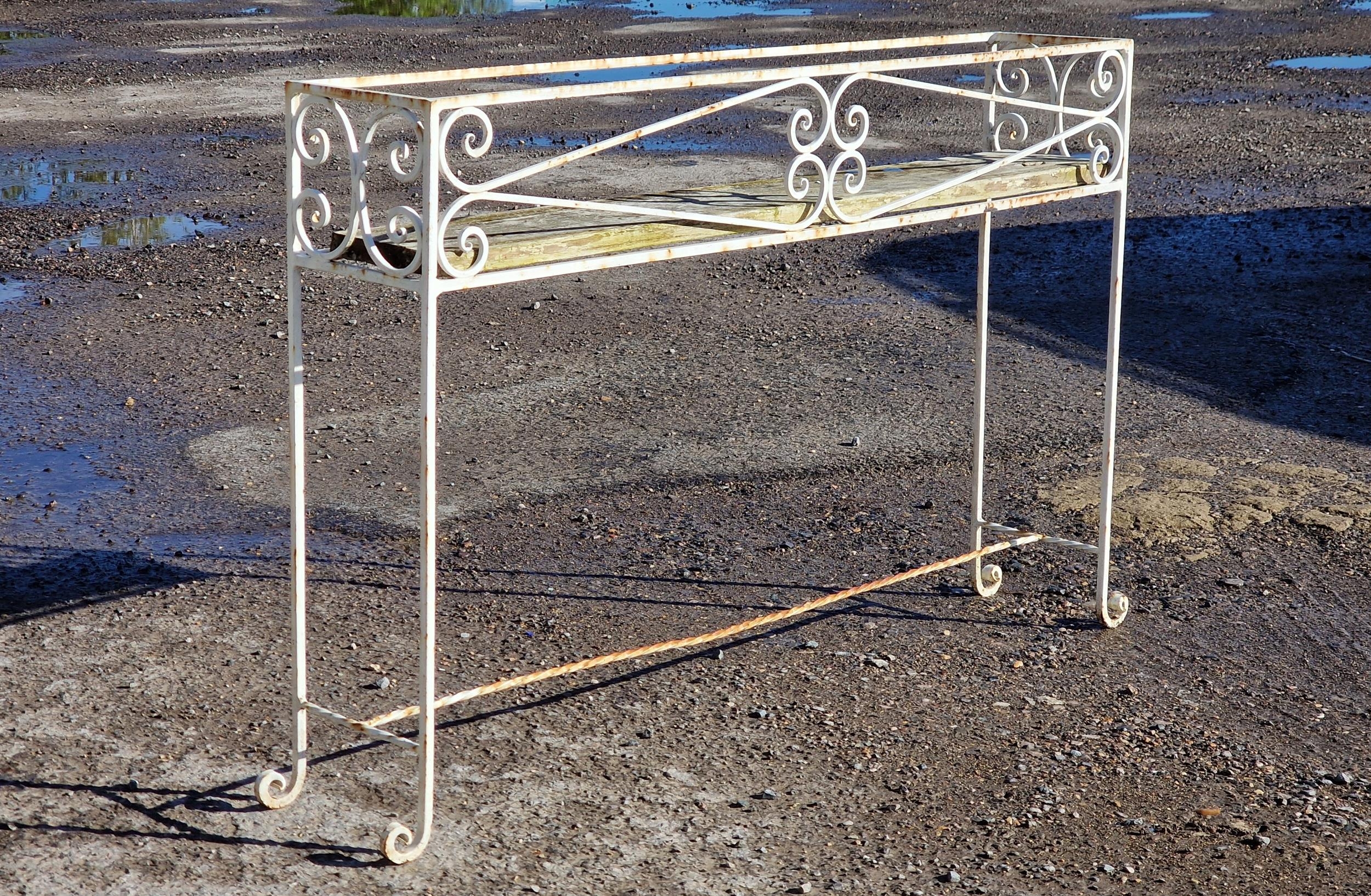 A painted wrought iron plant stand with scroll work detail, H 71cm x W 106cm x D 21cm - Image 2 of 2